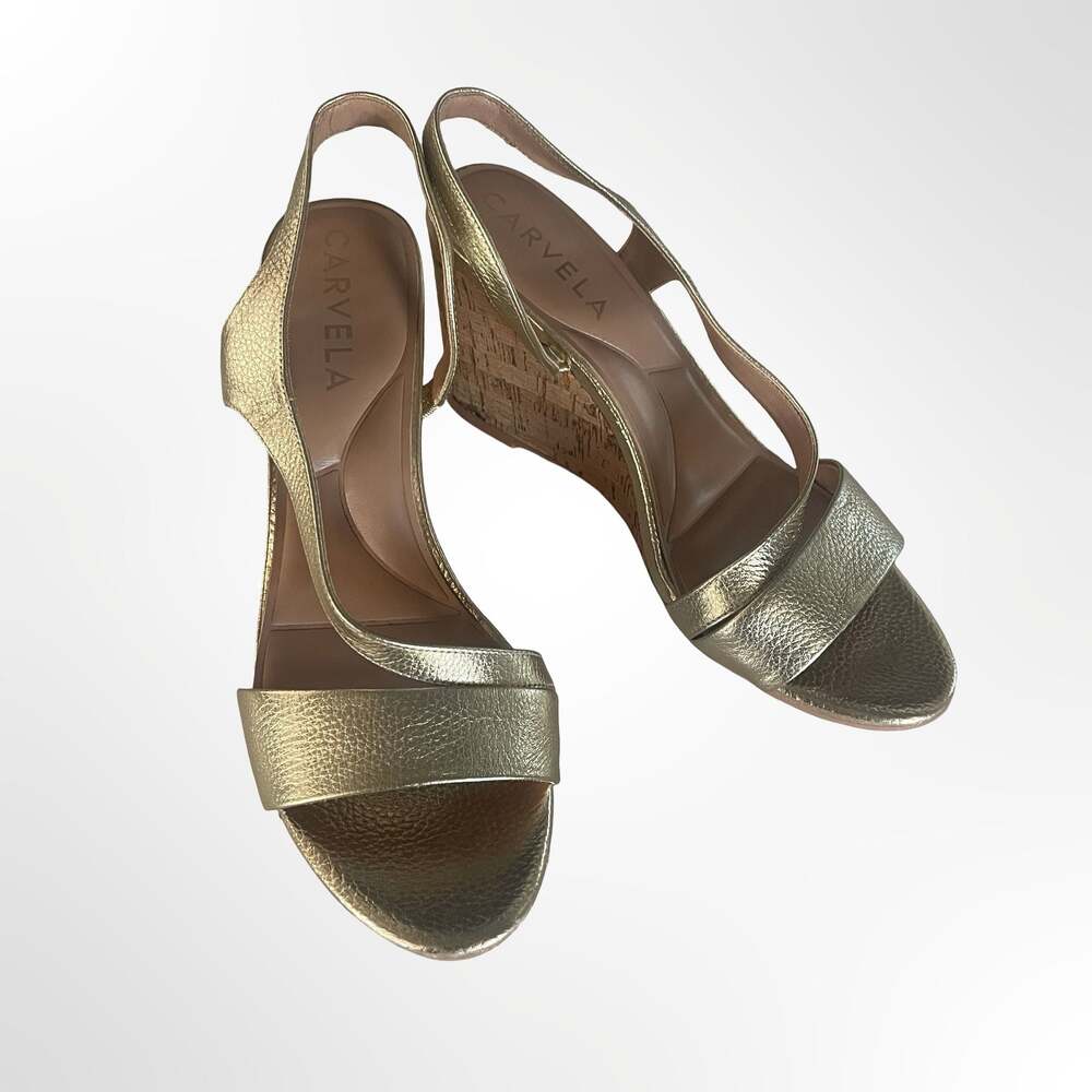 Carvela Symmetry Gold Metallic Slingback Cork Wedge Sandals